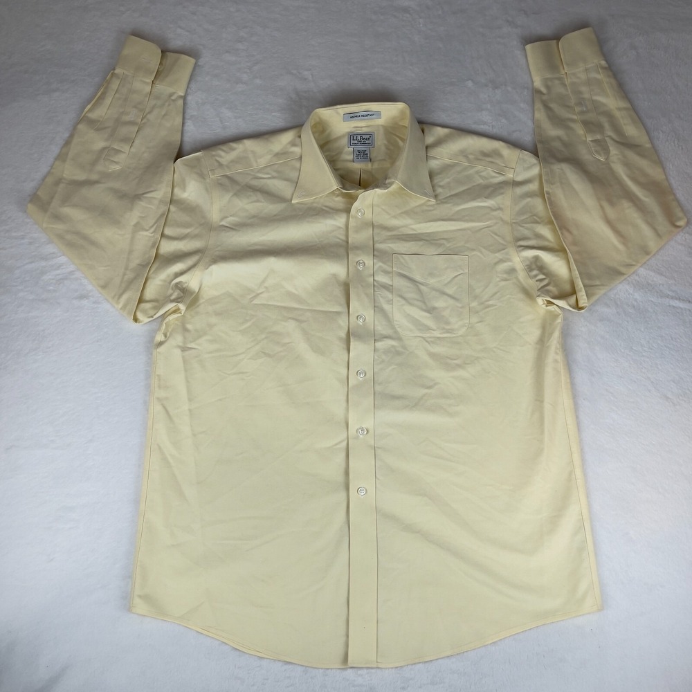 L.L. Bean Dress Shirt Mens 16.5 Yellow Long Sleeve Wrinkle Resistant Classic Fit